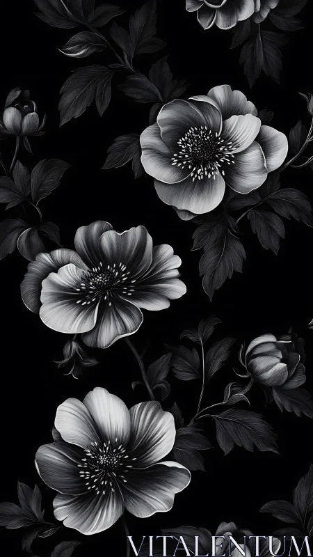 Black and White Floral Pattern with Detailed Botanical Elements.