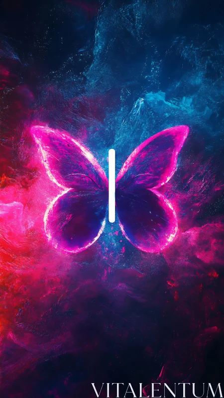 Neon butterfly emblem glows against cosmic vapor field.