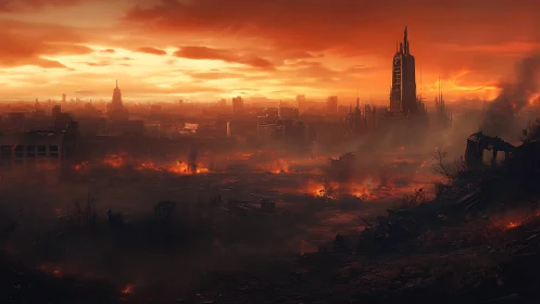 Post‑apocalyptic city ruins under burning orange sky.