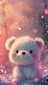 Fluffy pastel teddy bear in glowing bokeh meadow at dusk