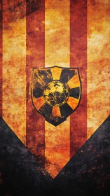 Grunge soccer crest on vertical orange striped banner.