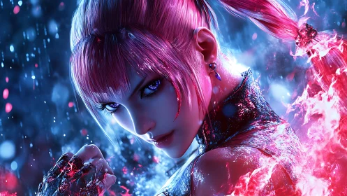 Digital portrait shows pink haired figure amid fire and rain