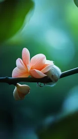 Small mammal resting beneath plumeria flower on branch.