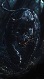 Snarling Black Panther in Moonlit Jungle Setting.