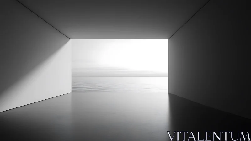 Minimalist Interior Looking Out to Calm Ocean Horizon.