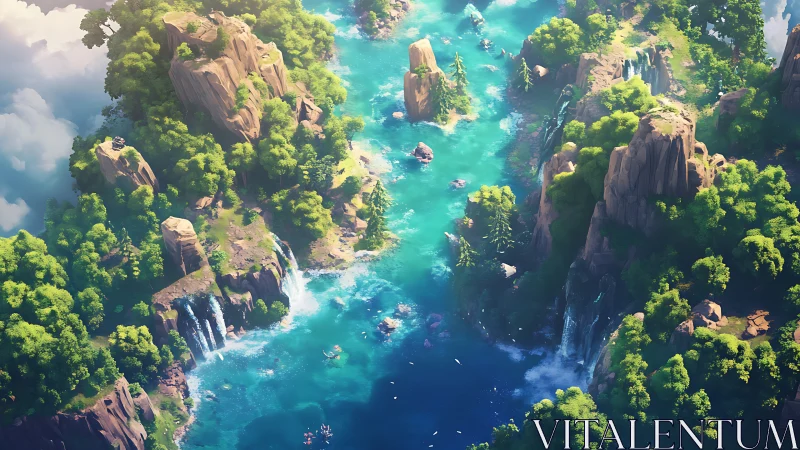 Aerial fantasy canyon river with waterfalls and lush cliffs