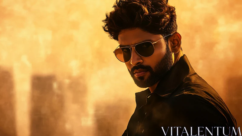 Man in sunglasses stands before blurred golden backdrop