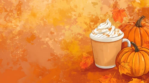 Creamy pumpkin latte cozying up in swirling autumn color.