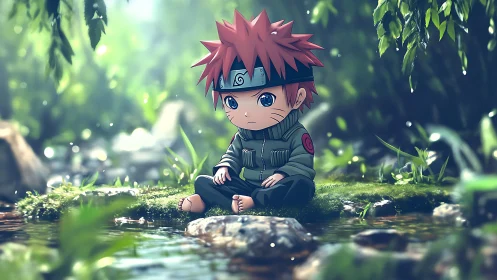 Gentle ninja child resting by a quiet forest stream.