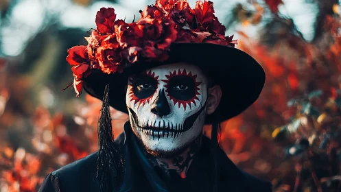 Calavera portrait glows amid crimson autumn foliage.