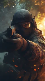 Tactical operator aims pistol amid backlit embers and depth blur