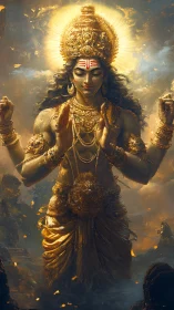 Radiant golden deity towering amid swirling battle haze.