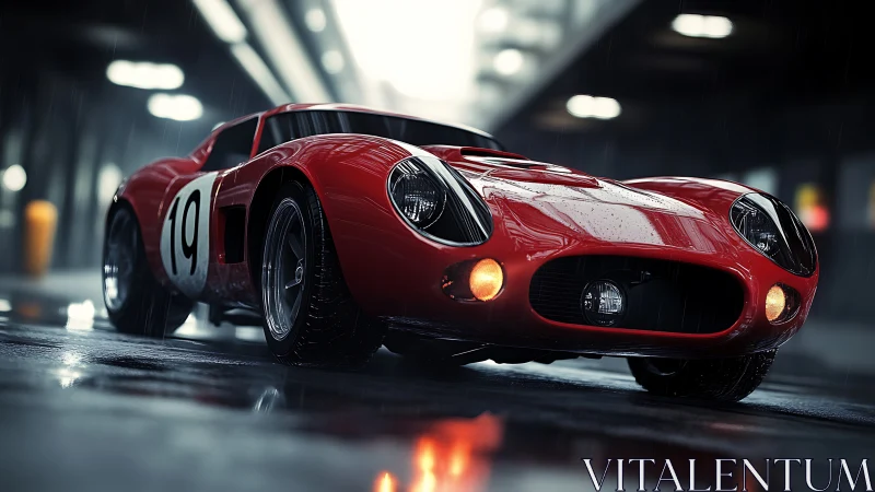 Low-angle wet track study of vintage red endurance racer.