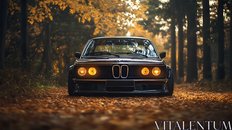 Classic BMW cruising through a golden autumn forest road.