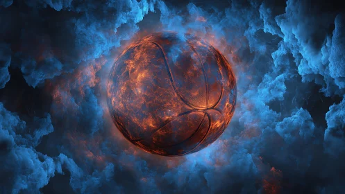 Volcanic molten basketball suspended in ionized blue nebula