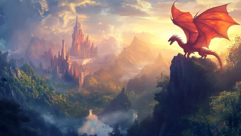 Crimson dragon overlooks sunlit fantasy castle realm.
