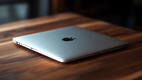 Closed silver laptop rests on warm wooden desktop surface