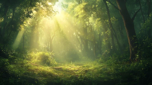 Sunlit forest pathway with volumetric light rays through canopy.