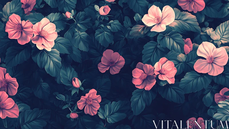 Midnight garden of teal leaves and coral whisper blooms.