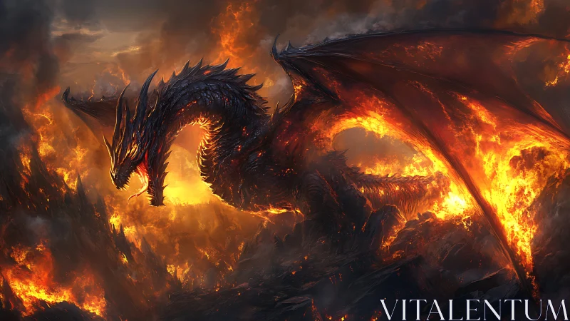 Winged dragon occupies volcanic landscape amid dense fire
