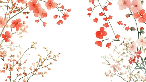 Coral Blooms Against White Canvas: Delicate Floral Composition.