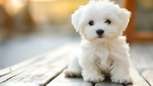 White fluffy puppy rests on sunlit wooden deck surface.