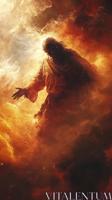 Silhouetted robed figure emerging from fiery cosmic cloud.