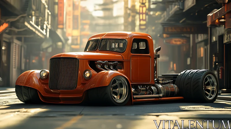 Low-slung orange hot rod truck renders retro-futurist street stance