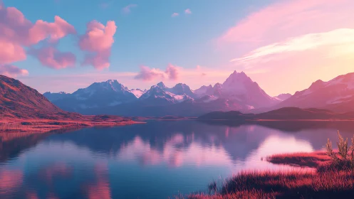 Cotton candy mountains mirroring in neon sunset stillness.