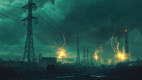 Apocalyptic lightning storm over deserted power grid.