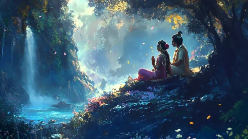 Divine couple rest beside luminous forest waterfall pool.