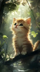 Ginger kitten on forest branch under diffuse backlighting.