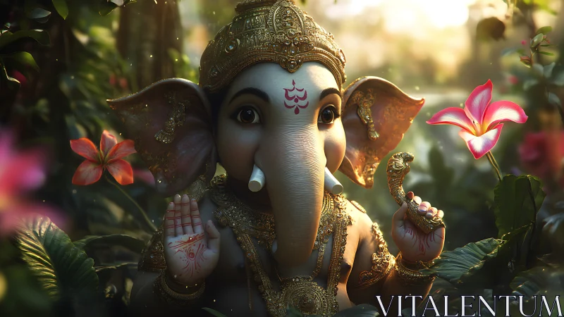 Gentle baby Ganesha glowing softly amid lush garden blooms.