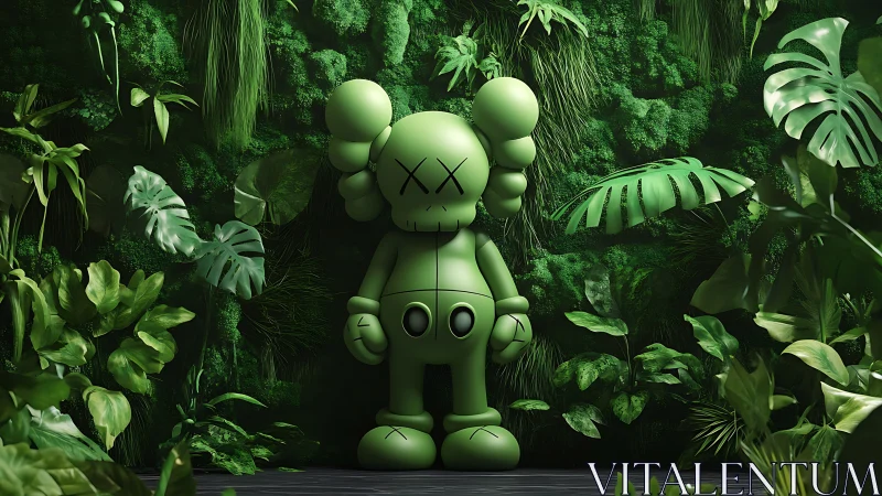 Monochrome vinyl figure embedded in dense tropical foliage wall.
