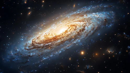 Golden spiral galaxy swirling through a starry quiet cosmos.
