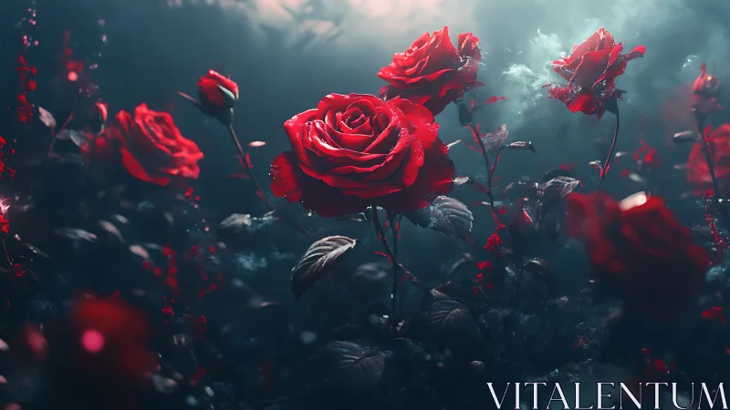 Crimson Roses Dance Through Mystical Light.