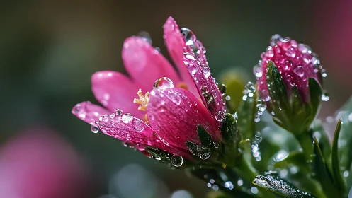 Pink Phlox Petals Covered in Dewdrops and Water Beads.