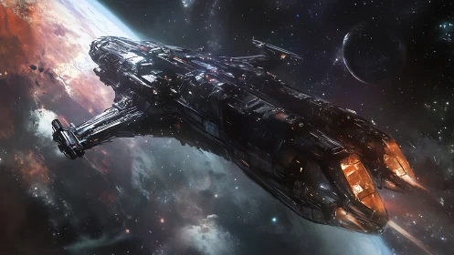 Heavy starship cruising past planet in deep space.