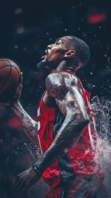 Dynamic basketball player driving through splashing motion.