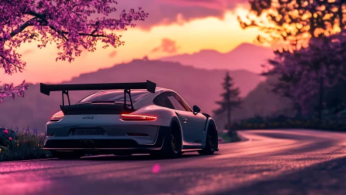 Sunset track curve with white GT sports car in bloomscape.