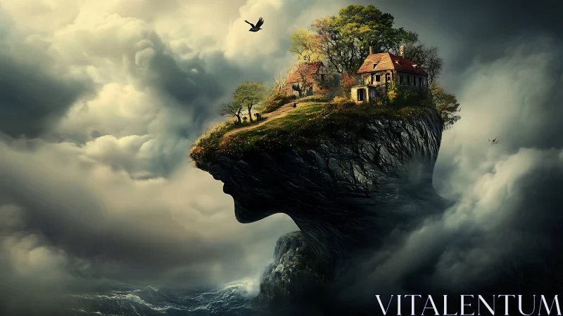 Floating headland village merges portrait and storm clouds.