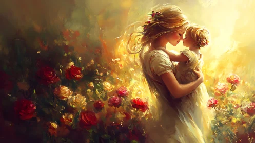 Digital painting depicting maternal figure holding child in luminous rose garden with golden atmosph