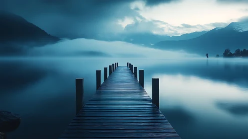 Cinematic photoreal pier in misted alpine lake perspective.