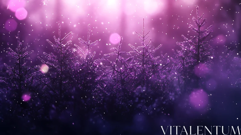 Iridescent winter fir silhouettes under magenta bokeh snowfall