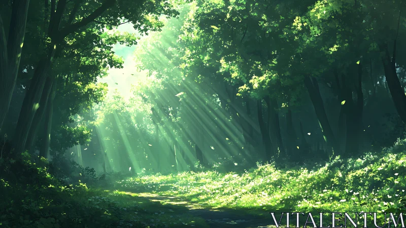 Sunlit Forest Path with Towering Trees.