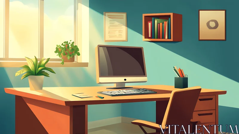 Sunlit workspace shows organized desk and computer setup