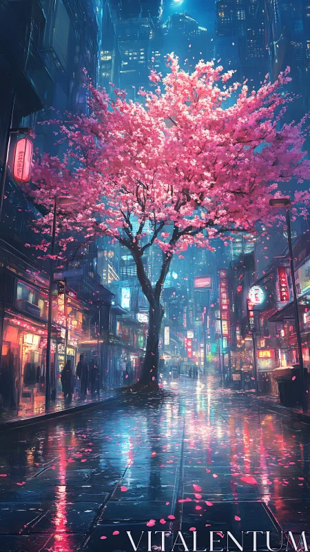 Neon city street holds luminous cherry blossom centerpiece.