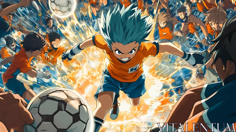 Dynamic anime soccer charge captures explosive match intensity