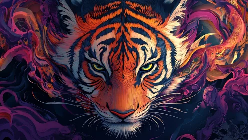 Fierce neon tiger emerges through swirling cosmic flames