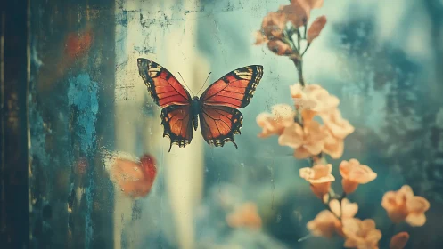 Macro study of orange butterfly on misted glass beside florals